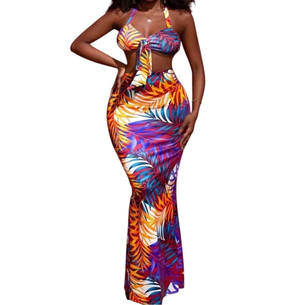Tropical Print Tie Front Backless Crop Top & Skirt Set
